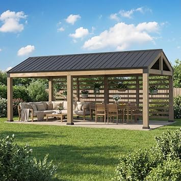 SUNJOY 10x22 Cedar Wood Carport with Privacy Wall & Galvanized Steel Roof