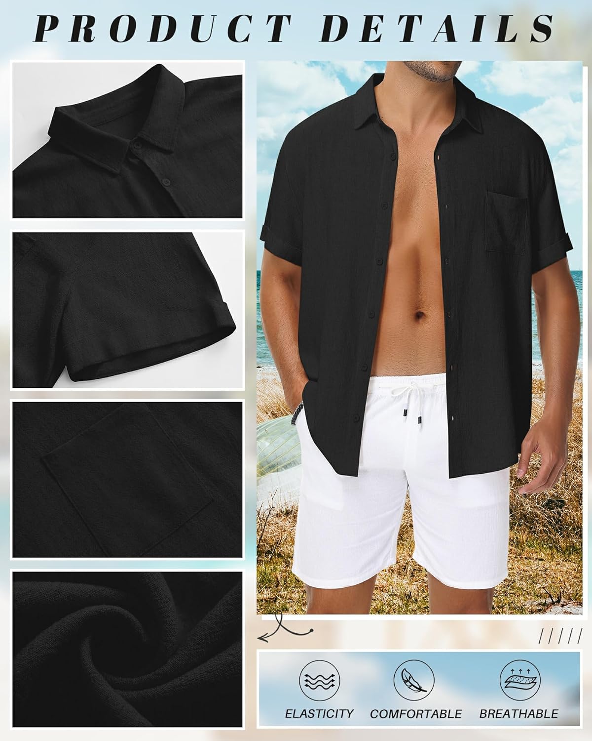 Neer Men's Big and Tall Linen Shirts M-7XL Short Sleeve Casual Button Down Blouses with Pocket Summer Beach Tops - Image 3