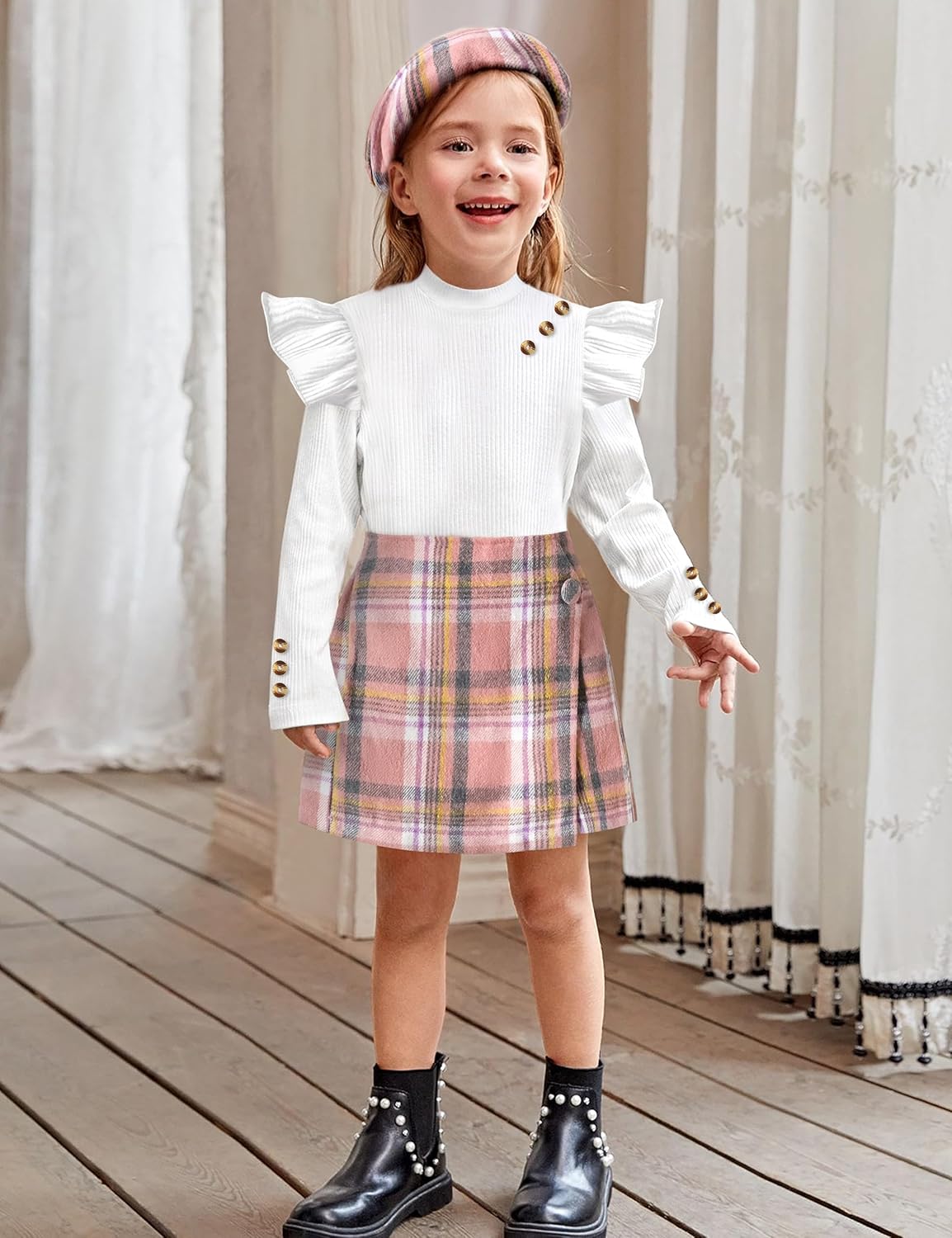 Toddler Girl Clothes,Girls Outfits Long Sleeve Ruffle Button Tops + Plaid Skirt Shorts + Hat 3Pc Little Girls Clothes - Image 2