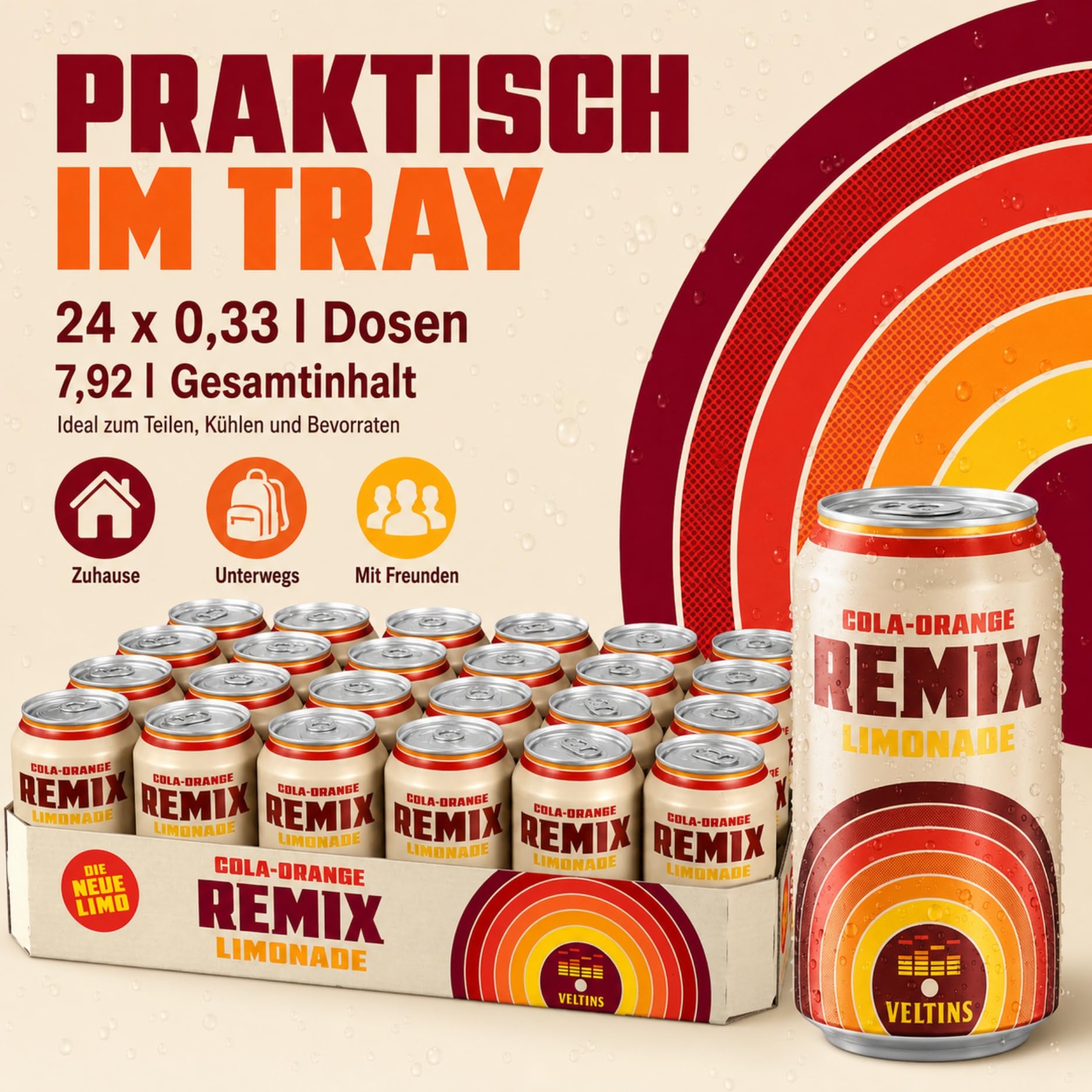 VELTINS Remix Cola-Orange Alkoholfrei, EINWEG (24 x 0,33 l Dose) – Cola-Orangen-Limonade mit deutlich mehr Fruchtsaft, 0,0% Alkohol – fruchtig-spritzig im nostalgischen Retro-Design