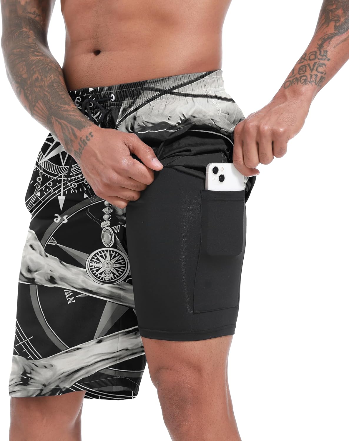 Mens Swim Trunks with Compression Liner 9" Stretch Board Shorts 2 in 1 Quick Dry Swimsuits Bathing Suits