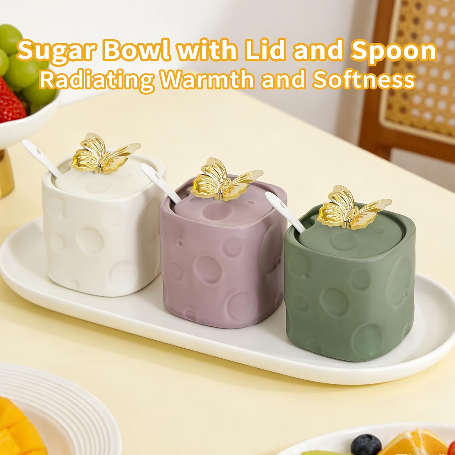 Ceramic Sugar Container, 6.7ounce Sugar Bowl with Lid and Spoon,Sugar Jar with 3D Golden Butterfly Decoration for Coffee, Salt, Spices,Sugar Holder for Coffee Station Accessories,Green