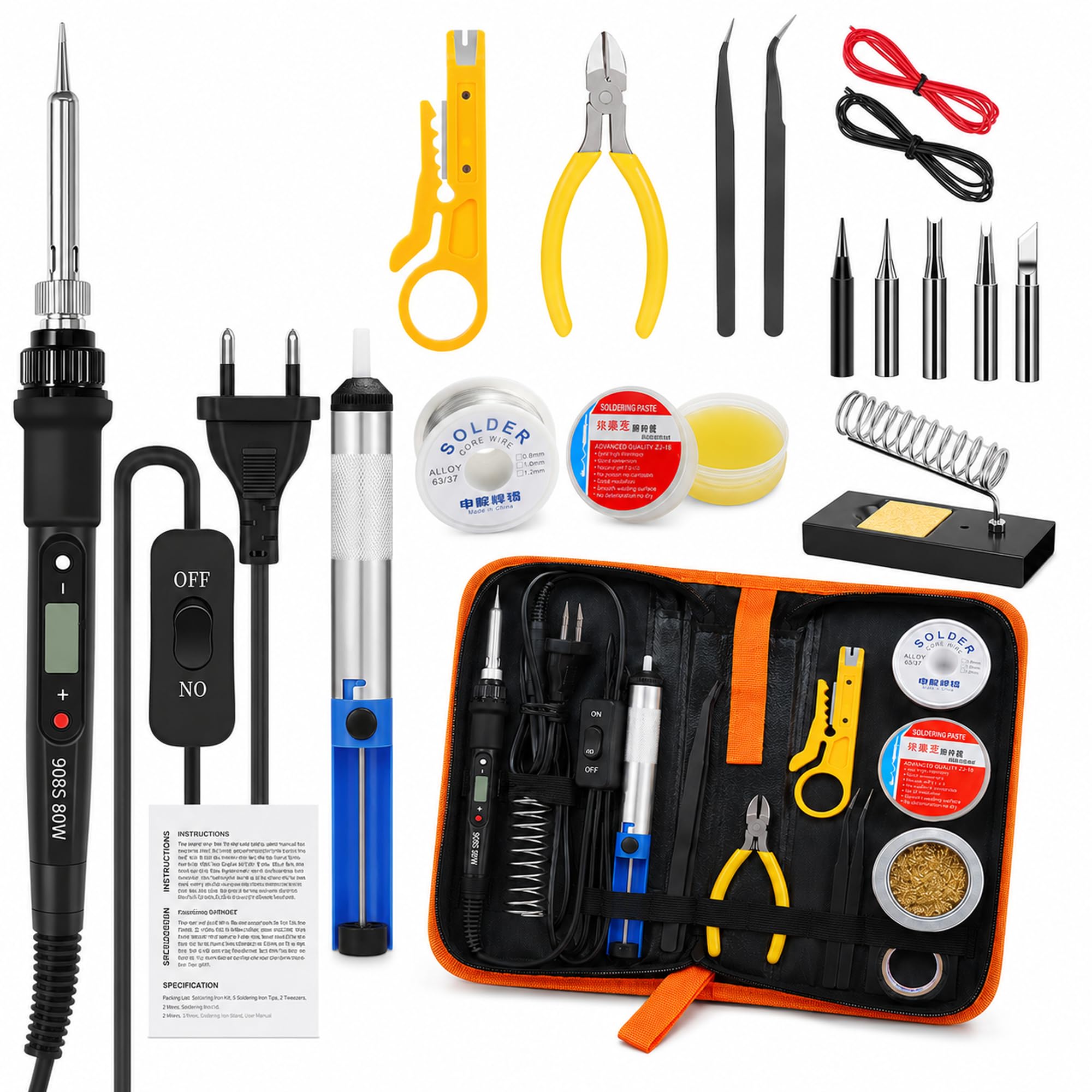 80W Tin Soldering Iron with Digital Display, 350-300℃, Soldering Iron Kit 21pcs for Electronics and PCB with 5 Tips, Desoldering Pump, Tin, Soldering Flux and PU Bag