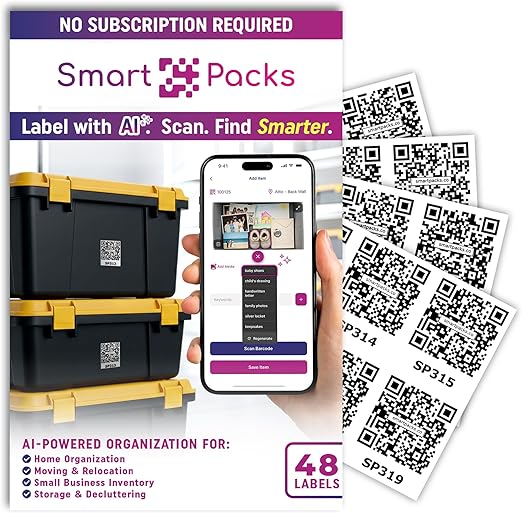 SmartPacks QR Stickers - Premium Smart Labels with AI-Powered App | Advanced Pack and Track Labels with QR Code for Inventory, Storage, Moving | 48 Stickers