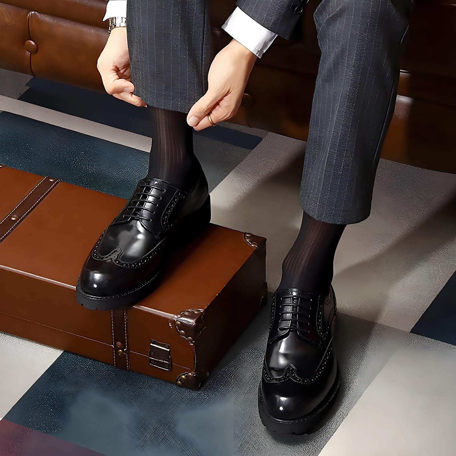 Męskie formalne buty Oxford z ozdobnymi detalami, oddychająca skórzana podszewka i antypoślizgowa podeszwa do stroju biznesowego i na profesjonalne okazje, Czarny, 38.5 EU