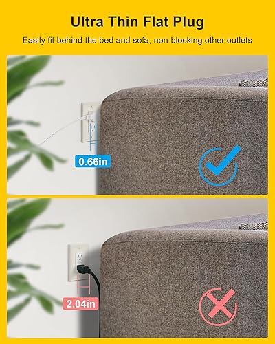 Miniatura 3 de TREEWELL Tira de alimentación de cable de extensión doble de 3 puntas, cable de extensión plano ultrafino de 12 pies con enchufe plano delgado, 6