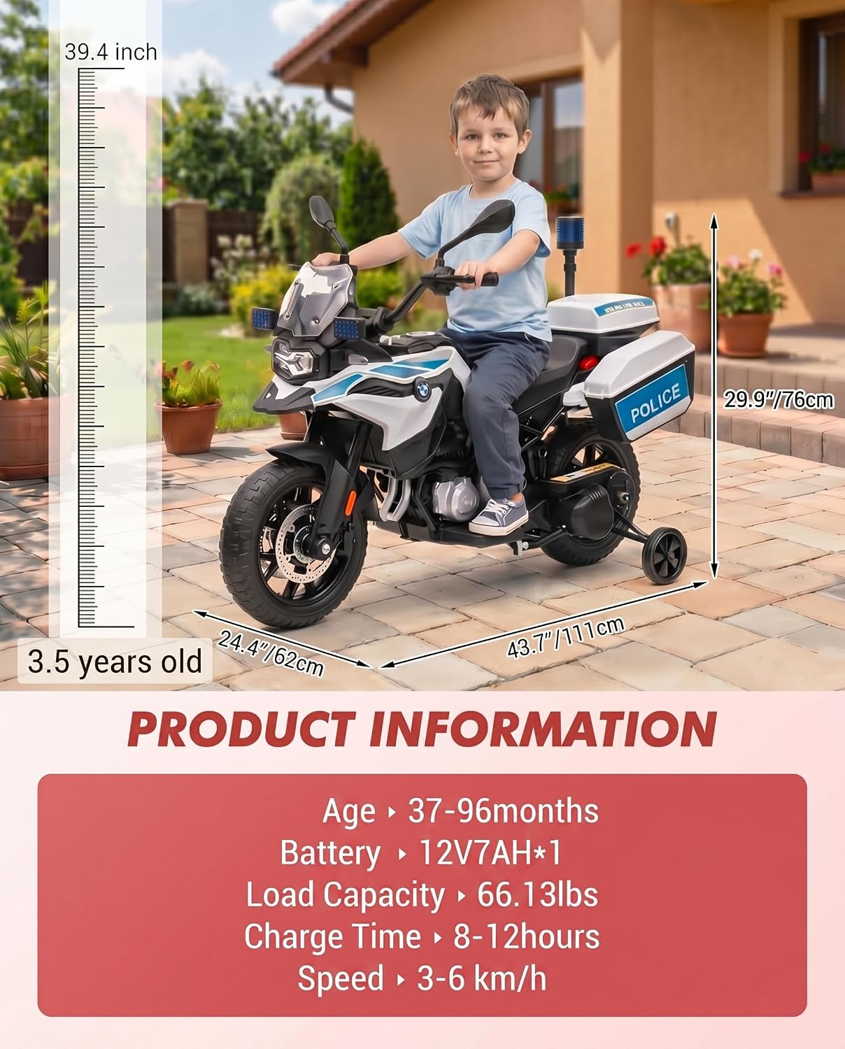 GARVEE Licensed BMW Police Motorcycle for Kids, 12V Electric Ride On Toy for Boys Girls Age 3-8, Battery Powered Motorbike w/LED Siren Lights, Music, 3 Speeds, Safety Training Wheels