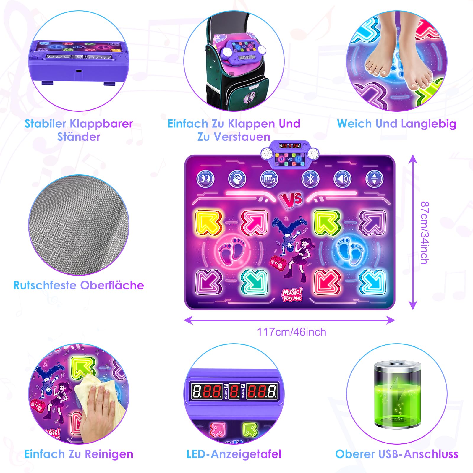GuKKK Tanzmatte Kinder Spielzeug Geschenke 3-12 Jahre, Beleuchtete Musikmatte, Tanzmatte mit Musik Bluetooth 6 LED Leuchten, Weihnachten Geburtstags Spielzeug ab 3 4 5 6 7 8 9+ Jahre Mädchen Junge