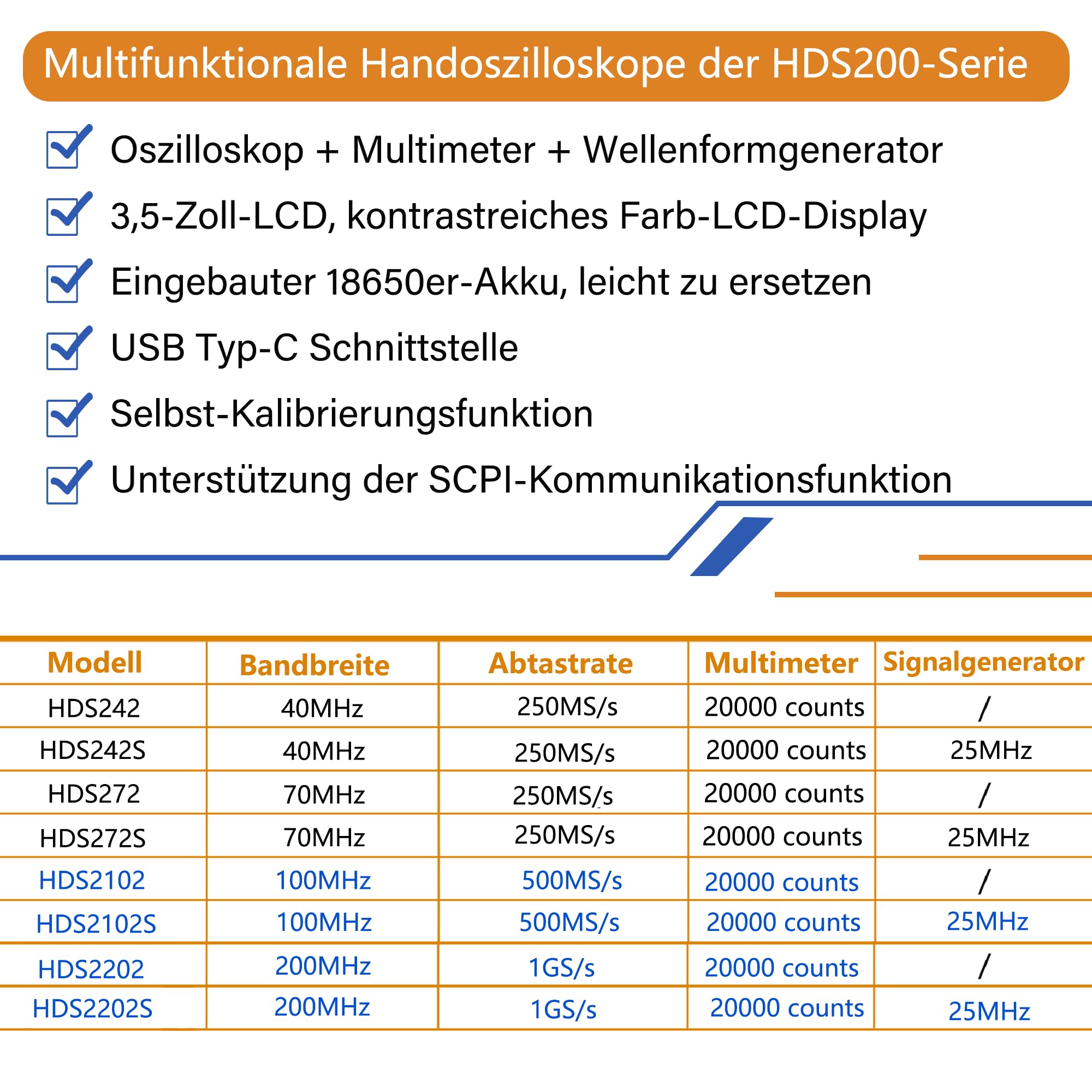 HDS272S 3 in 1 OWON Oszilloskop 70MHz mit 2+1 CH mit 3,5 Zoll LCD mit einstellbarer Helligkeit (Oszilloskop + Multimeter+ Generator)