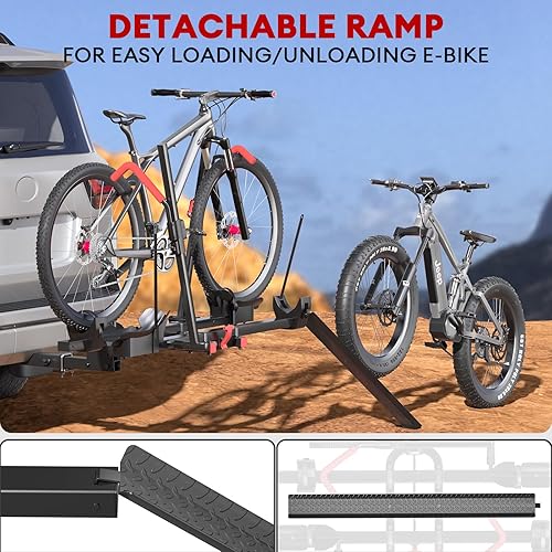 Miniatura 3 de Hitch 2 portabicicletas eléctricas con rampa, capacidad de 170 libras plegable para 2 bicicletas eléctricas pesadas, bicicletas de neumáticos