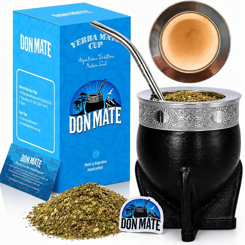 DON MATE Juego de Taza y Bombilla de Yerba Mate – Calabaza Mate Imperial Hecha a Mano – Kit de Yerba Mate con Pajita de Bombilla – Mate Auténtico Estilo Argentino