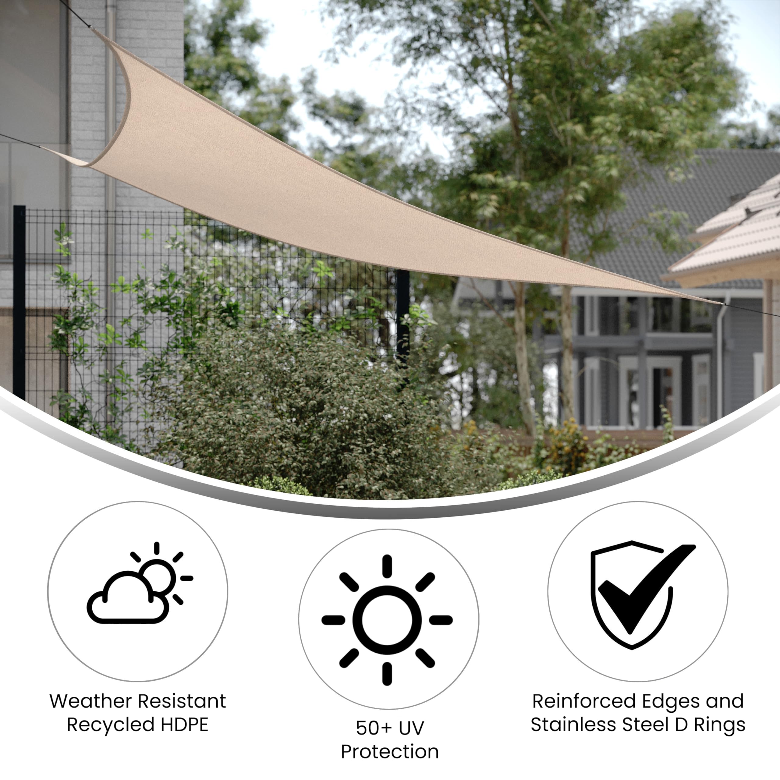 Flash Furniture Palmetto Voile d'ombrage triangulaire en polyéthylène haute densité recyclé avec bords renforcés, anneaux en D en acier inoxydable, cordes de fixation en nylon incluses de 1,5 m, sable