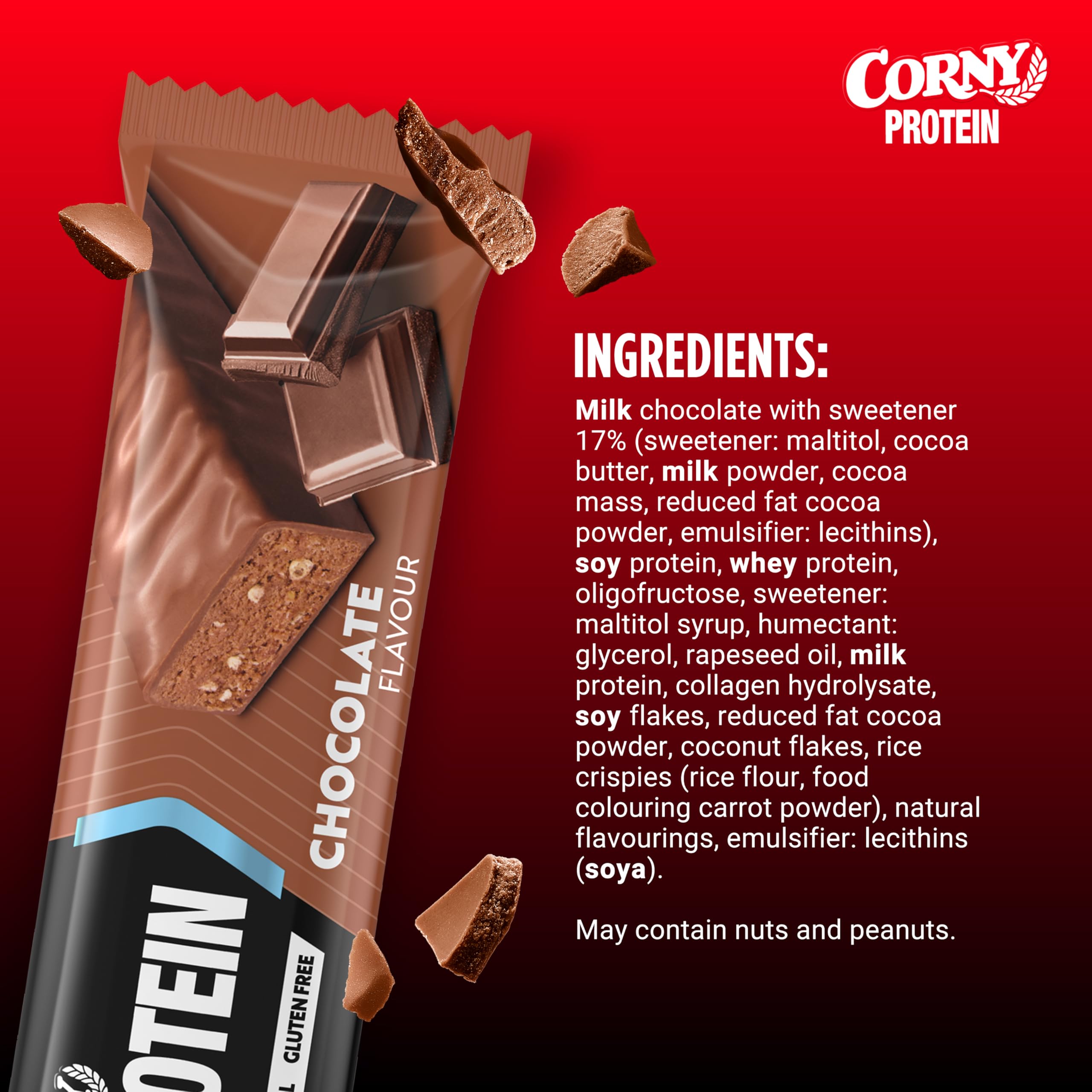 Barres protéinées, Corny Protein,Chocolat et Coco,13,5 gr de protéines, 0% de sucres ajoutés, Pack de 18x50g, Taste the Power