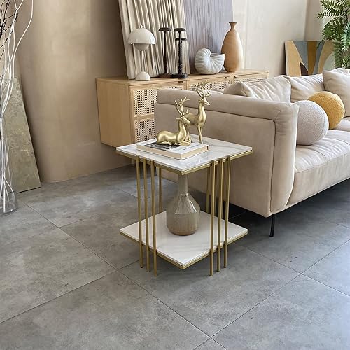 Miniatura 17 de Wisfor Mesa auxiliar de piedra sinterizada: mesa auxiliar de sofá blanca cuadrada de 2 niveles - Mesa de centro pequeña con marco negro - Mesita de