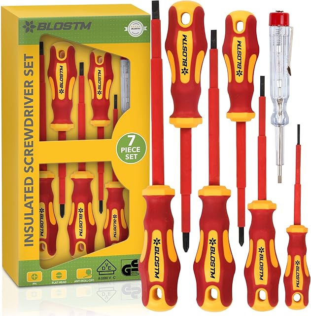 BLOSTM Precision Insulated Screwdriver Set - 7pcs VDE Tested Electrical Screwdriver Set to 1000V, Hardened Black Point Magnetic Tipped Electricians Screwdriver Set with Ergonomic Anti-Roll Design