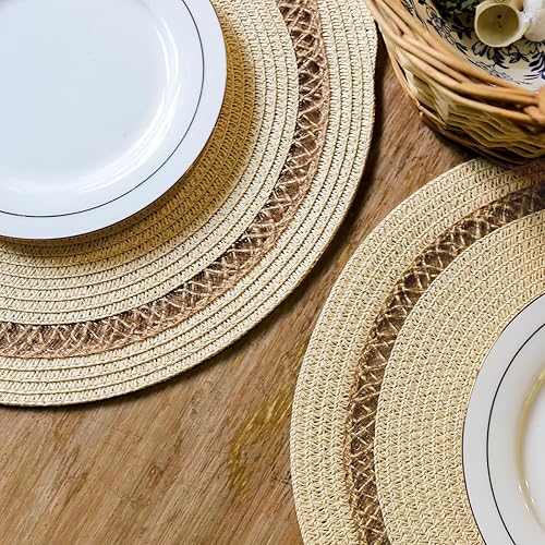 Miniatura 3 de AHHFSMEI Juego de 6 manteles individuales redondos de papel y yute trenzados, antideslizantes, resistentes al calor, para mesas de comedor,