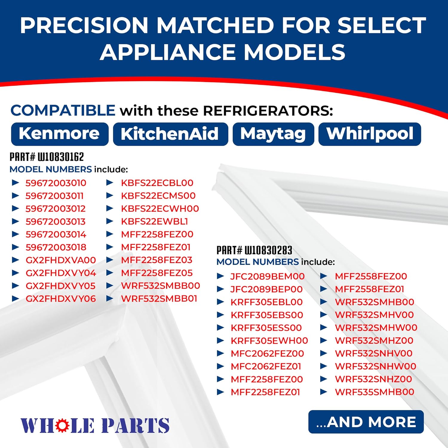Whole Parts Refrigerator Door Seal Gasket Set – Left (W10830283) & Right (W10830162), Gray, Magnetic Strip – Fits Select JennAir, Kenmore, KitchenAid, Maytag, Whirlpool