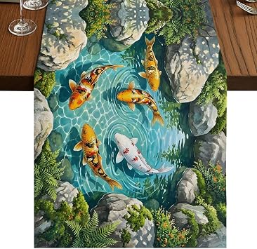 Golden White Fish Table Runner Summer Pond Botanical Lucky Tablerunners 13 x 90 Inch, Table Decorations Tabletop Scarf for Summer Gathering Holiday Farmhouse Kitchen Dining Decor