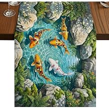 Golden White Fish Table Runner Summer Pond Botanical Lucky Tablerunners 13 x 90 Inch, Table Decorations Tabletop Scarf for Summer Gathering Holiday Farmhouse Kitchen Dining Decor