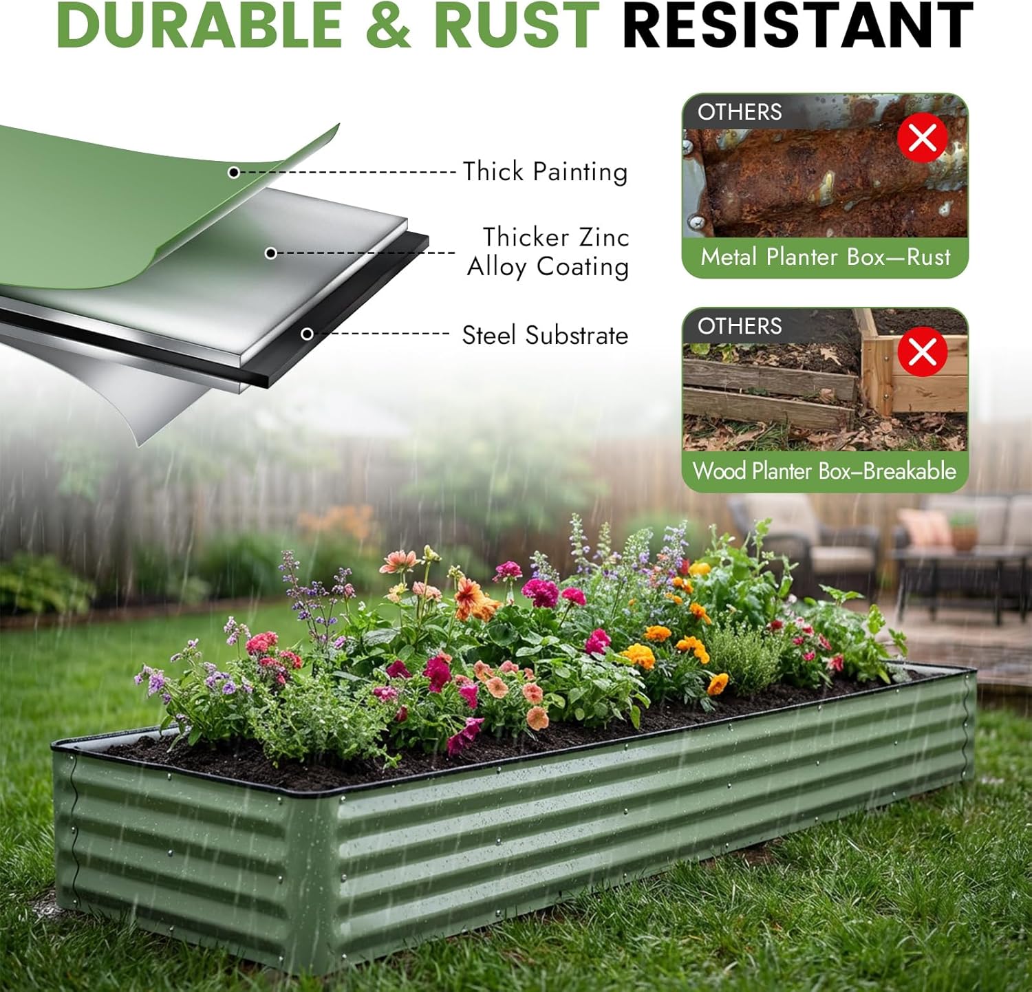 INNO STAGE Galvanized Raised Garden Bed Kits, 8x2x1ft Metal Raised Garden Beds Outdoor, Large Steel Raised Planter Bed with Gloves for Vegetables & Flowers Patio Ground Planter Box (Olive Green, 1PC)