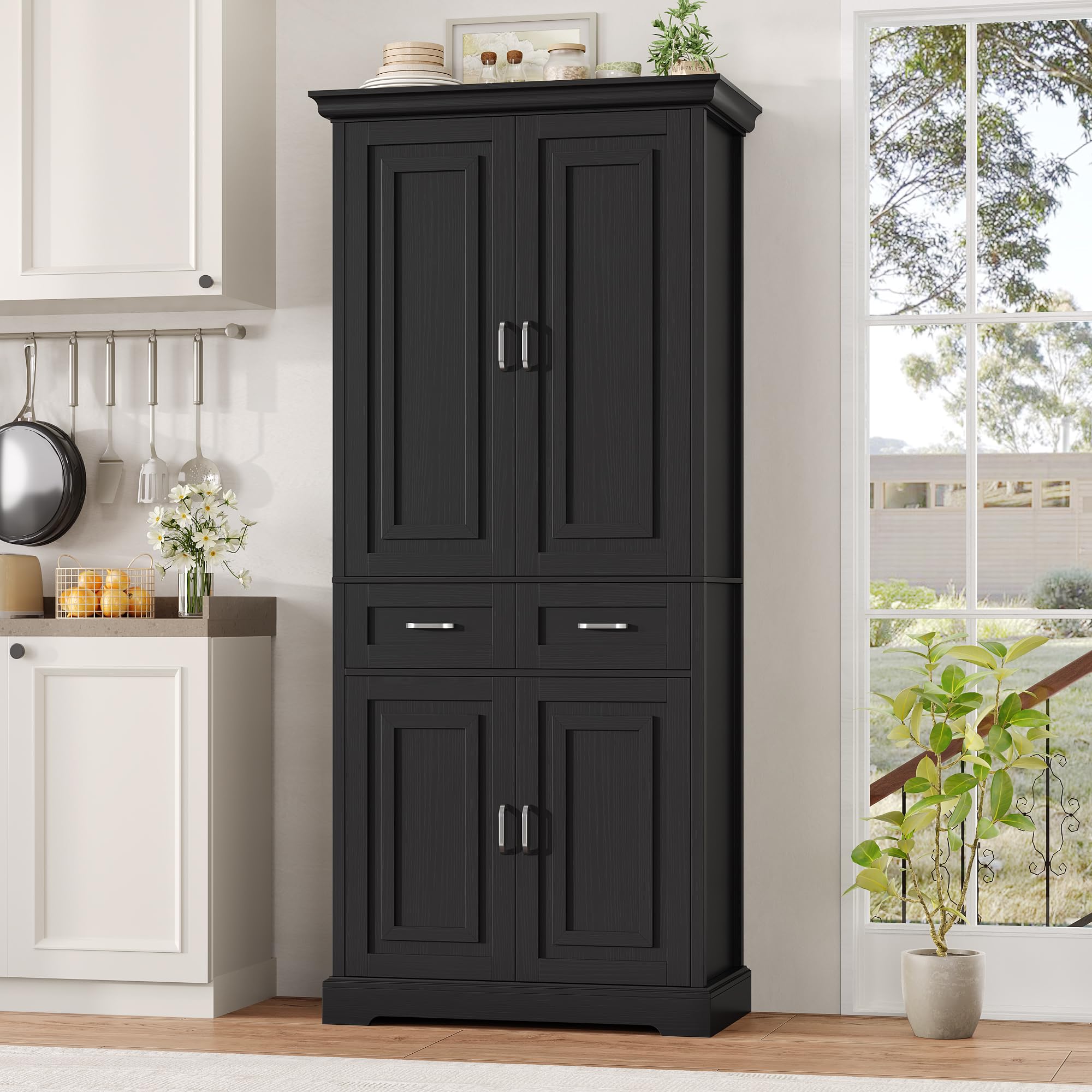 Mobile Cucina FirFurd 180,5 Cm Con Presa E LED – Credenza Alta Con Portaspezie E Ripiani Regolabili (Nero)