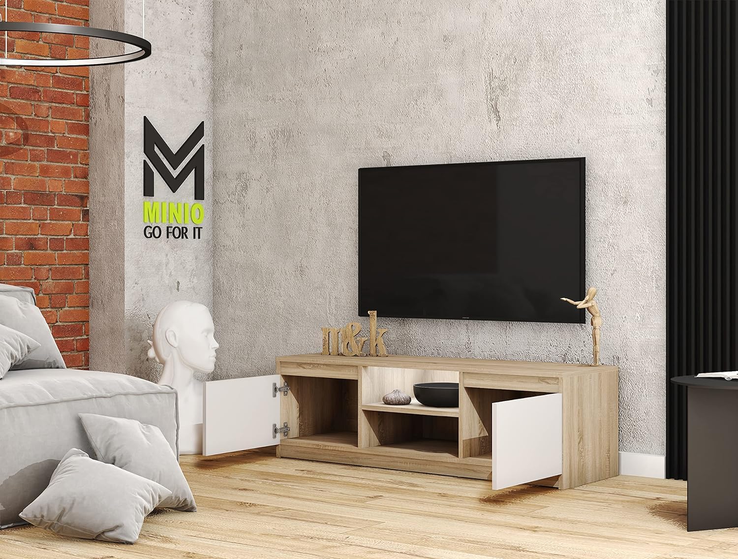 MINIO go for it - Meuble TV Dingo 120cm Lowboard pour téléviseur | Meuble TV bas avec 2 portes battantes et 2 compartiments ouverts, meubles TV en chêne Sonoma et blanc - Meuble bas avec LED