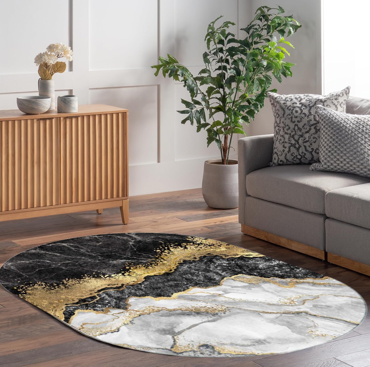 Black Gold Marble Texture Modern Abstract Oval Rug，3x4ft,Luxury Modern Abstract Marble Texture Living Living Room Carpet，for Livingroom Bedroom Art