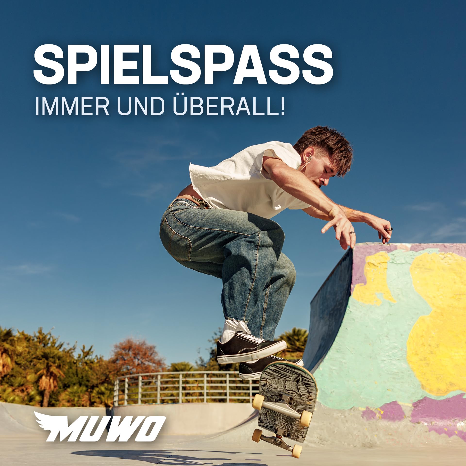 MUWO Street Skateboard 31 x 8 pulgadas – Tabla completa para principiantes de madera estable y aluminio, adecuado para niños, adolescentes y adultos con diferentes motivos (Swing & Wing)