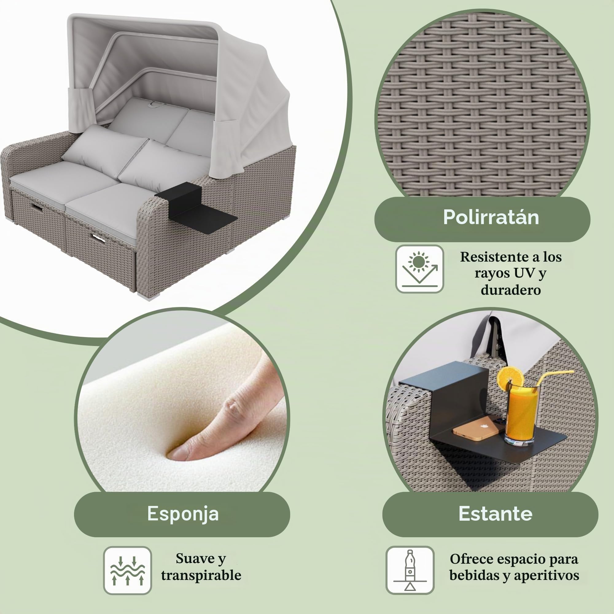 Muebles de jardín de polirratán para 2 personas, sofá de salón con toldo extraíble, sofá convertible en cama, para playa, jardín, fácil de montar (caqui)