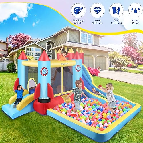 Miniatura 4 de WONFUY Casa inflable de rebote casa inflable con soplador de aire castillo de salto con tobogán pozo de bola rebotante pared de escalada estacas
