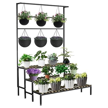 Large Plant Shelf Indoor Outdoor, 3 Tier Heavy Duty Hanging Plant Stand with Bar 39
