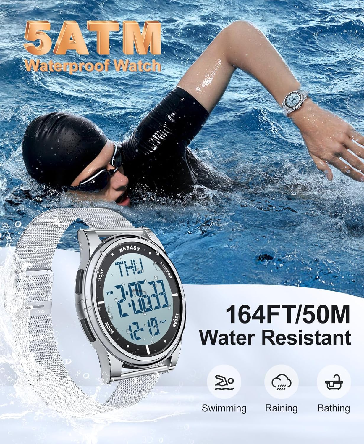 Beeasy Digital Watch Waterproof with Stopwatch Alarm Countdown Dual Time, Ultra-Thin Super Wide-Angle Display Digital Wrist Watches for Men Women - Image 2