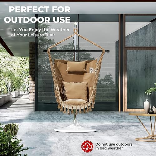 Miniatura 6 de Giantex Silla colgante hamaca con barra colgante de acero resistente, cómoda almohada para reposacabezas, 2 cojines, silla columpio de macramé con