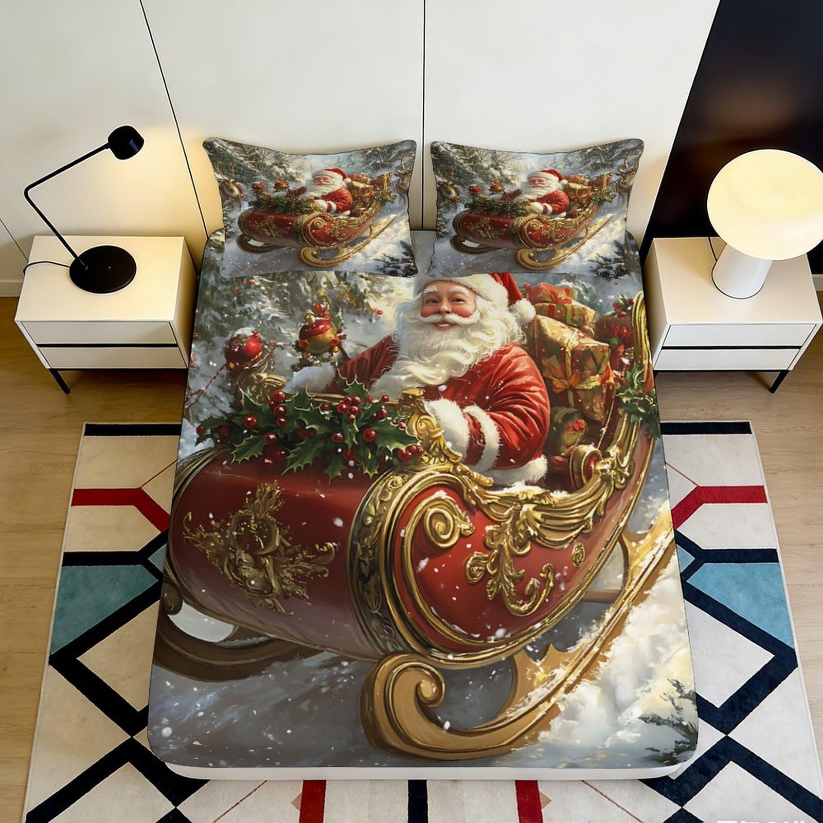 Pnayamiorkfel Style-7 3D Printed Christmas Santa Sleigh Fitted Sheet Microfiber Red Snowy Bed Cover Non Slip Easy Care For Bedroom Guestroom 90X200x25cm