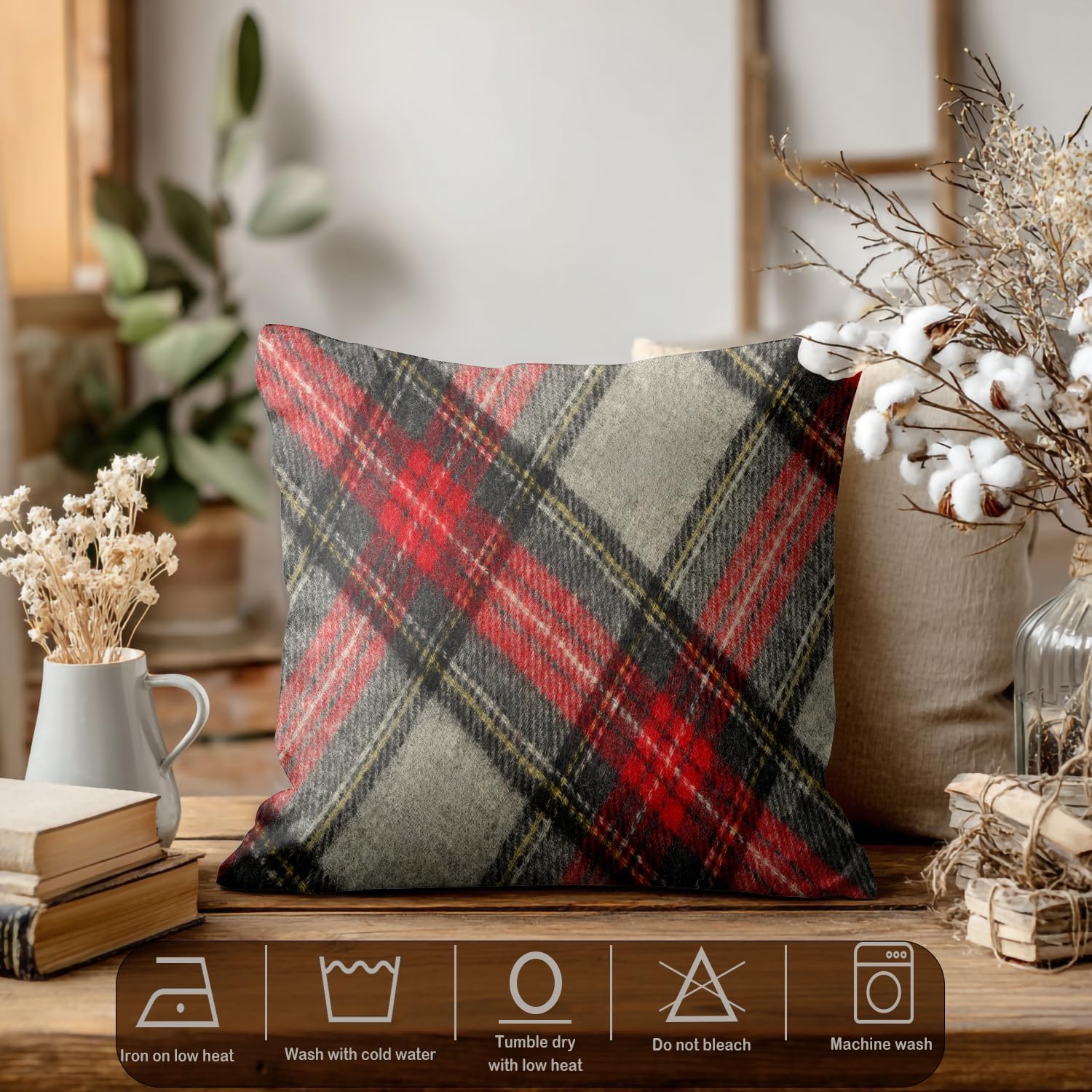 Batmerry Red Grey Plaid Decorative Pillow Covers, 22 x 22 Inch Red Black Gray Modern Plaid Double Sided Throw Pillow Covers Sofa Cushion Cover Square 22 Inches(Set of 2)