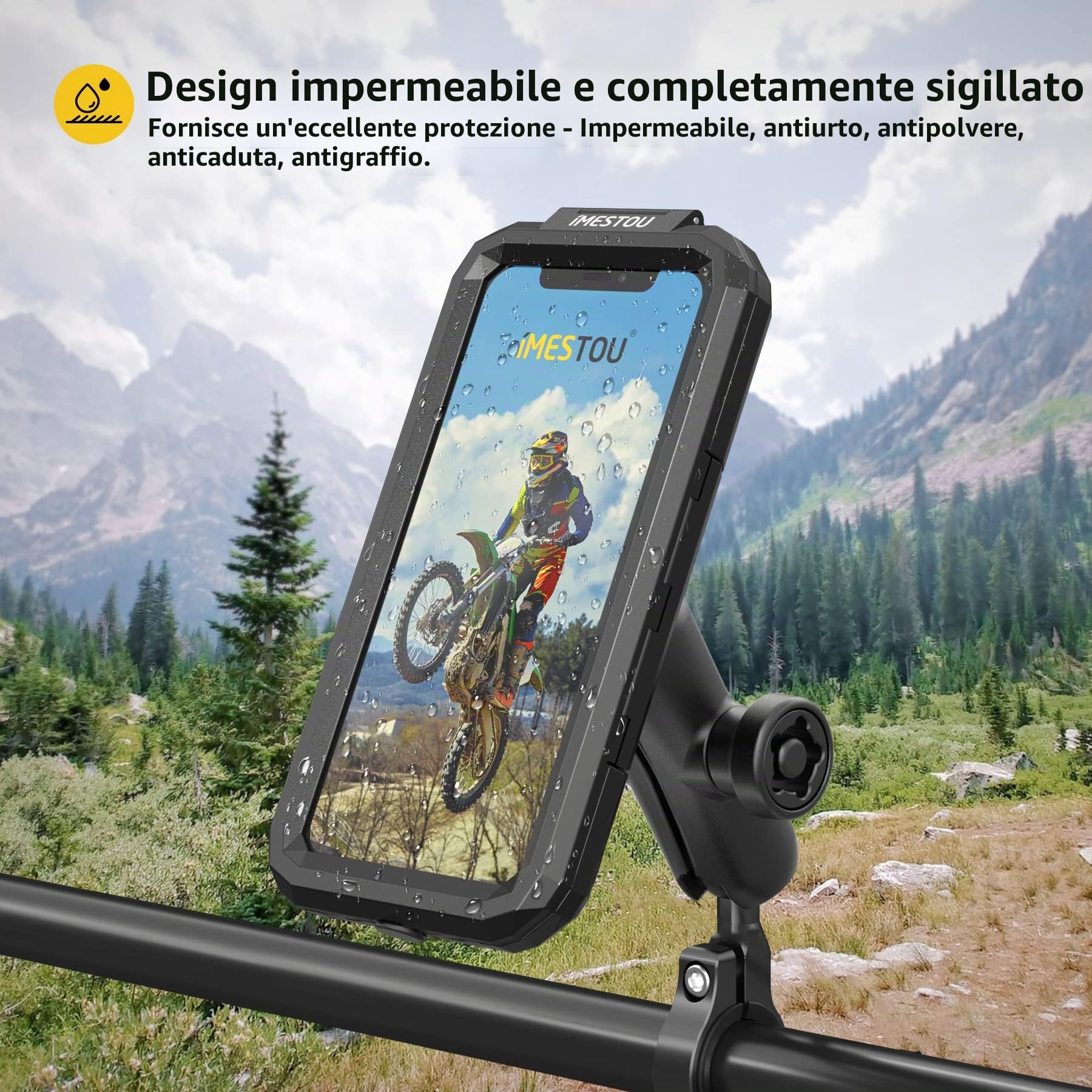 iMESTOU Supporto Antifurto Impermeabile per il Telefono del Motociclo con 1" Adattatore a Sfera del Manubrio, Supporto Mobile per Bici con Rotazione a 360° per Telefoni Cellulari da 5,5"-6,8" (L)