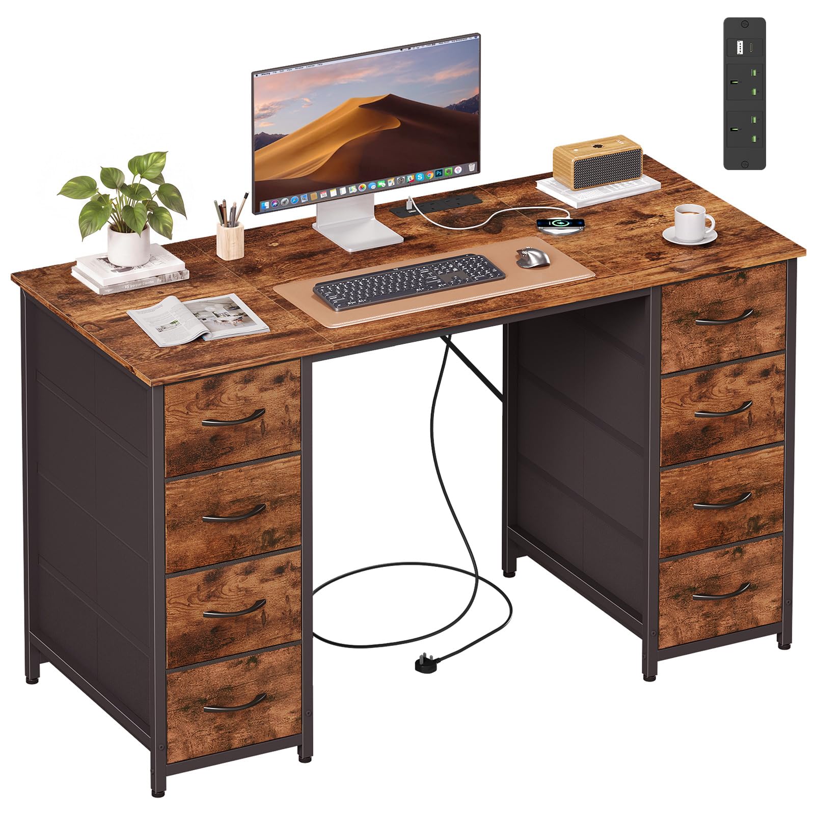 Somdot Computer Desk with 8 Fabric Drawers, Home Office, 120 x 48 cm, Brown