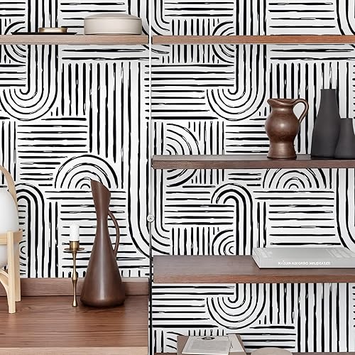 Miniatura 6 de VEELIKE Papel tapiz geométrico blanco y negro para despegar y pegar, papel tapiz abstracto moderno para dormitorio, baño, decoración de pared de