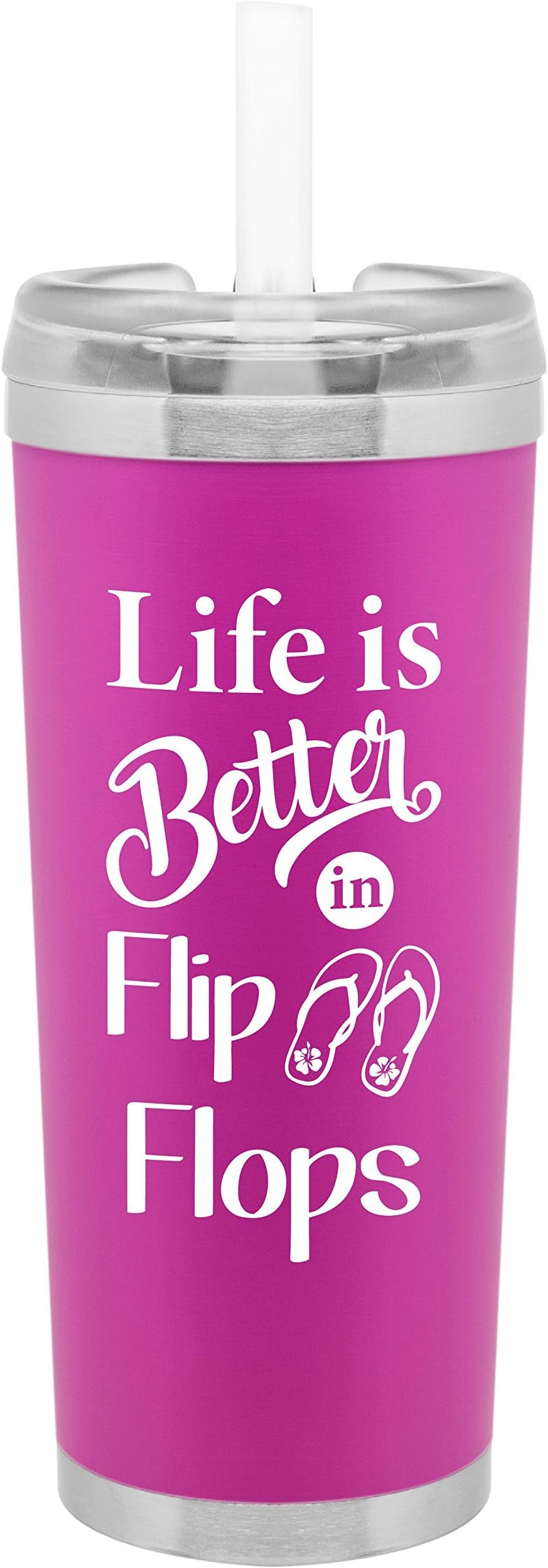 Life is Better in Flip Flops Water Bottle | 24 Ounce Stainless Steel Travel Tumbler | Lid and Straw | Double Wall Copper Insulated | Hot or Cold Beverages | Customized with Fun Saying (Matte Pink)