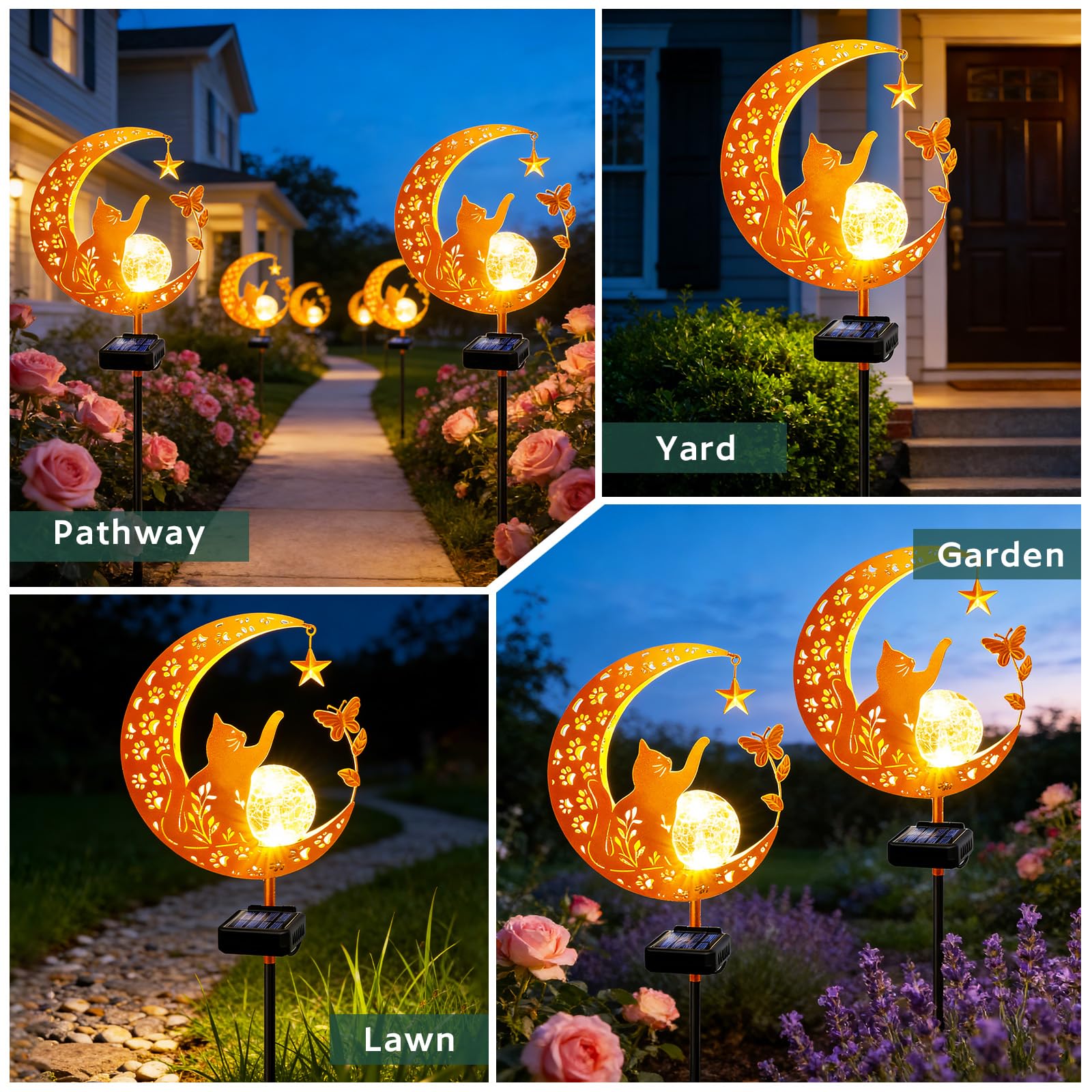 Solarleuchten Outdoor Dekorative Mond Katze Solar Pfahl Lichter Gartenarbeit Geschenke für Frauen Garten Ornamente Wasserdicht für Gehweg, Hof, Rasen, Terrasse