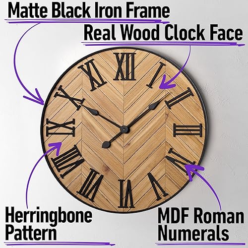 Miniatura 2 de Reloj de pared grande redondo de 24 pulgadas, silencioso de metal y madera, reloj de pared grande para decoración de sala de estar con números