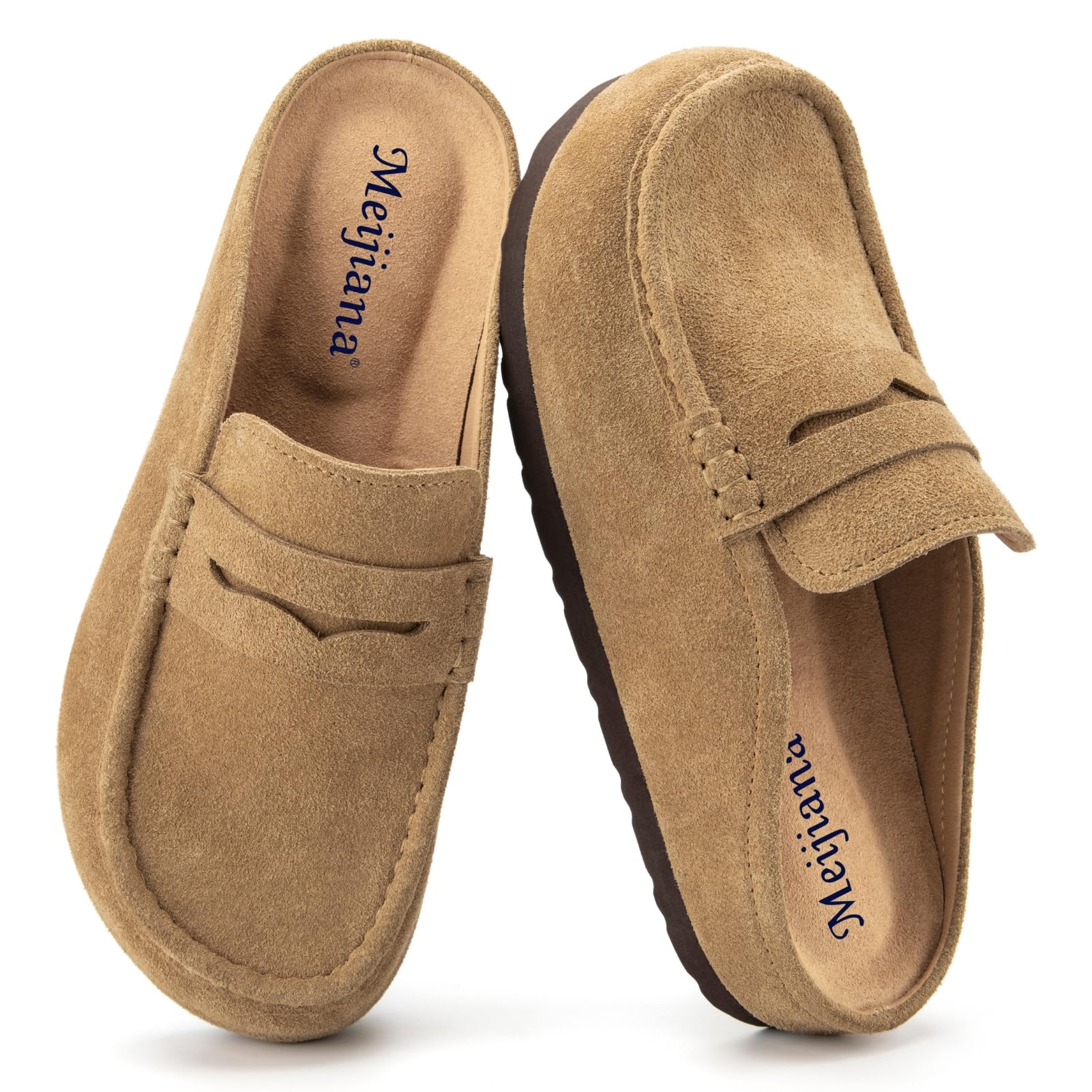 MEIJIANA Wildleder Clogs für Damen Bequeme Pantoletten mit Weiches Kork Fußbett rutschfest Leder Hausschuhe mit Arch Support 37-41 EU