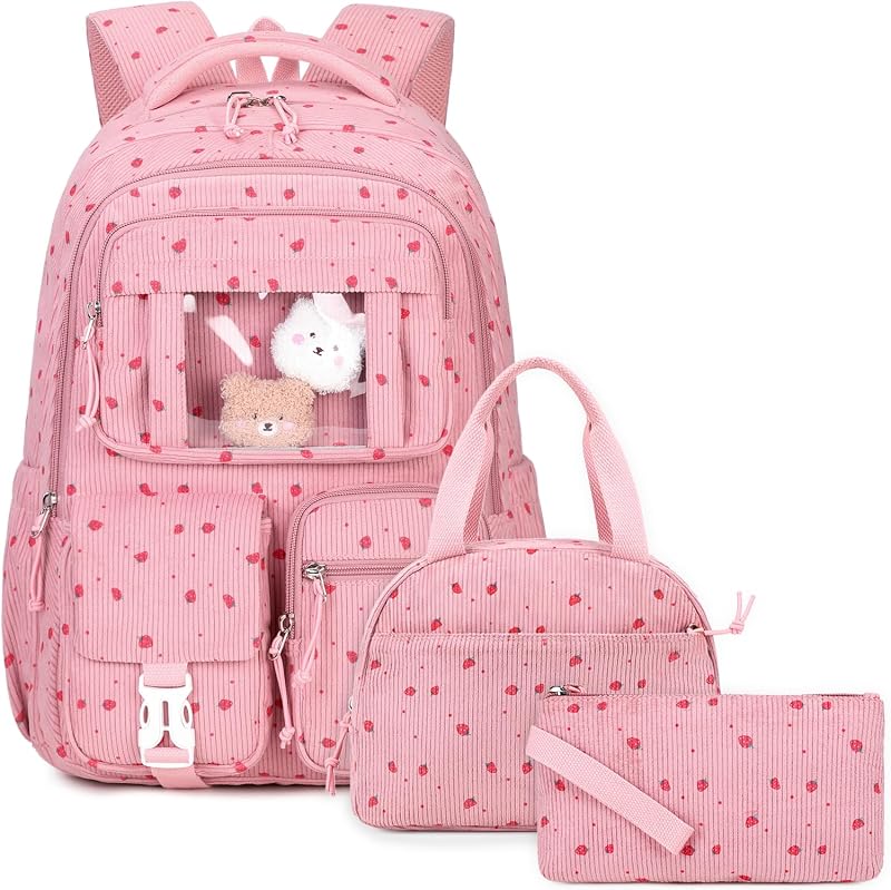 Mochila de Pana 3 Piezas Mochila para niños para niñas Mochilas Escolares para Estudiantes de Secundaria Mochila para Primaria Primaria Mochila Kawaii Ita con Lonchera Estuche para lápices, Fresa Rosa