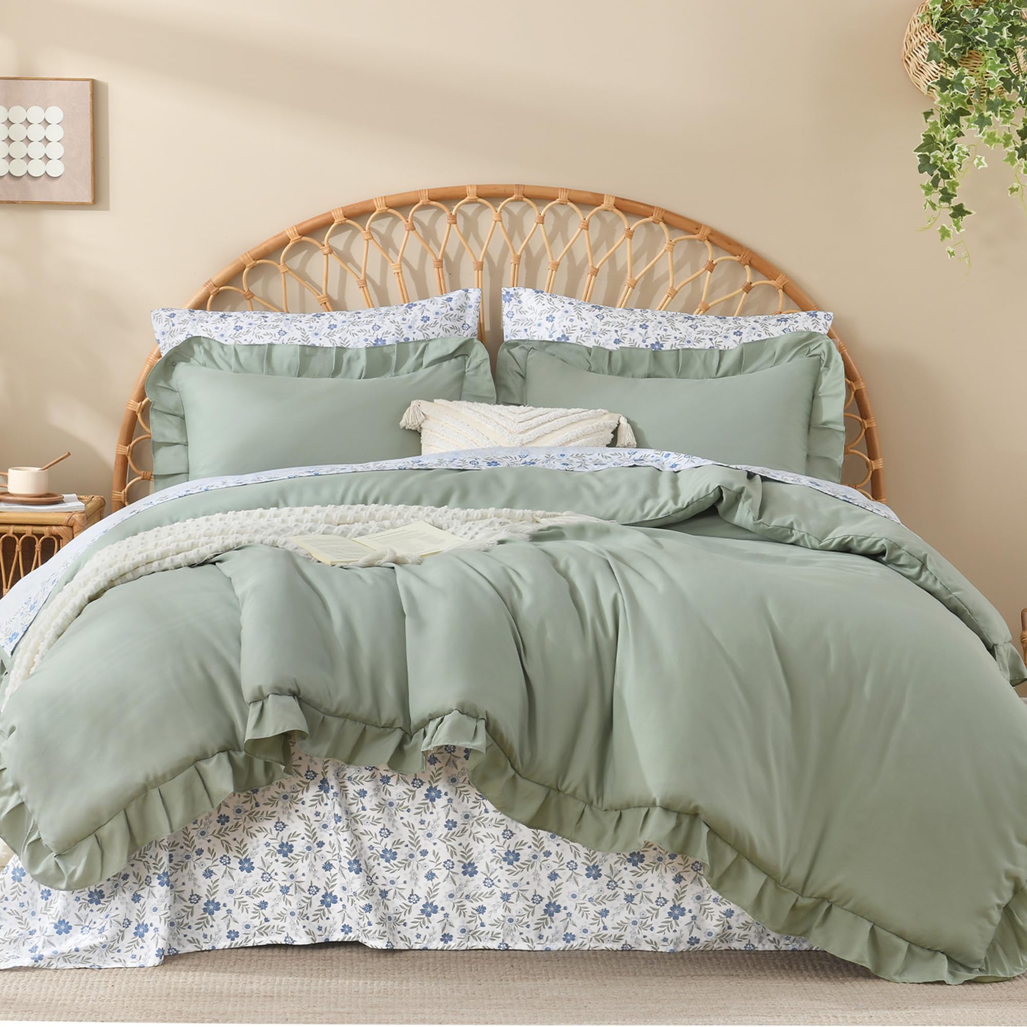 Litanika 7Pcs King Ruffled Sage Green Comforter Set
