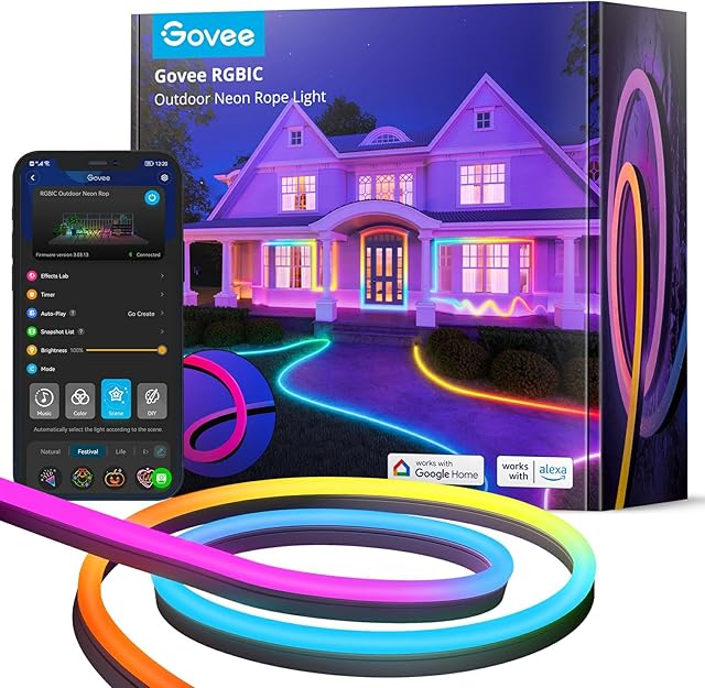 Govee Outdoor Neon Rope Lights, 10M RGBIC IP67 Waterproof Christmas Decorations with 64+ Scenes, Music Sync, Flexible Neon LED Strip for Garden Yards Walls, Works with Alexa Google Assistant