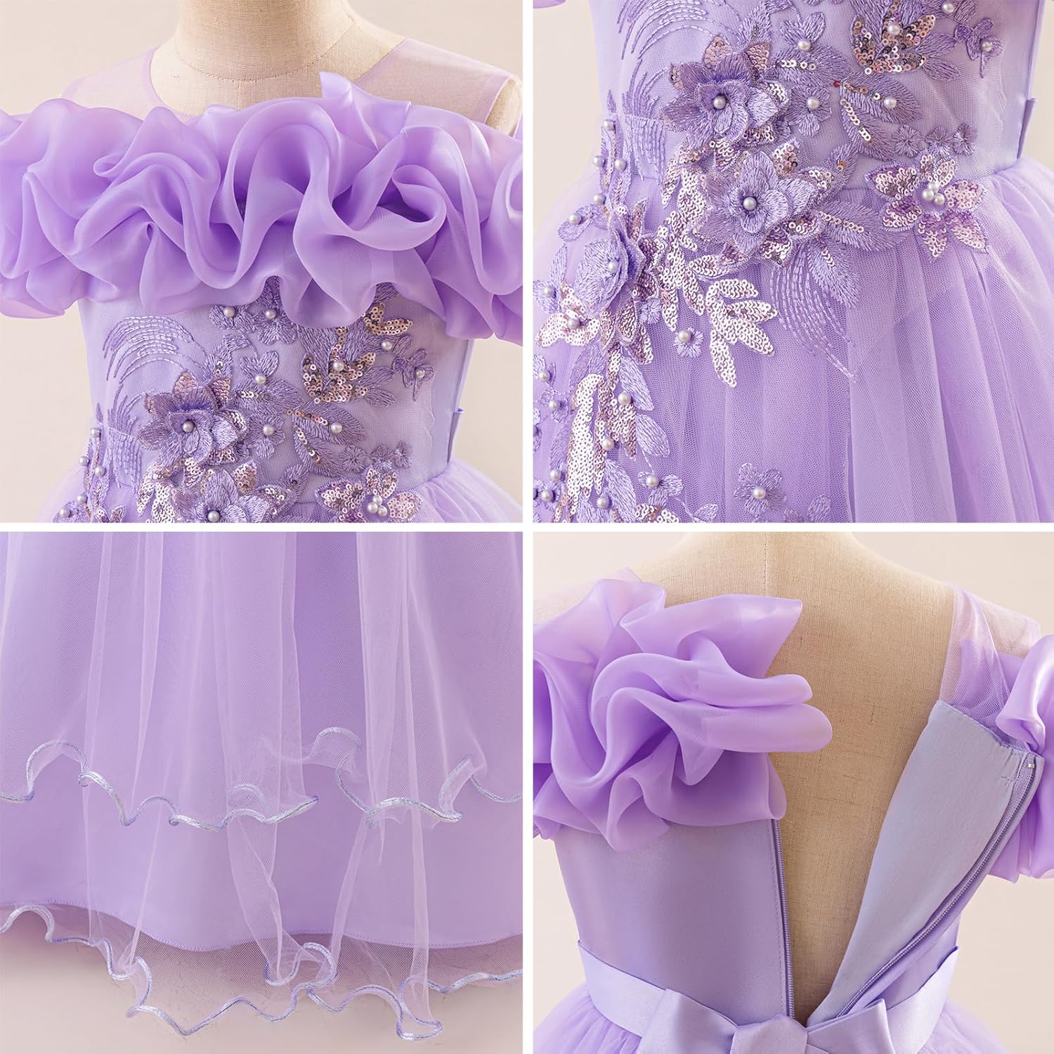 IBTOM CASTLE Flower Girl Sleeveless Sequin Floral Applique Tulle Tulle Long Dress Kids Wedding Formal Pageant Ball Gown - Image 5