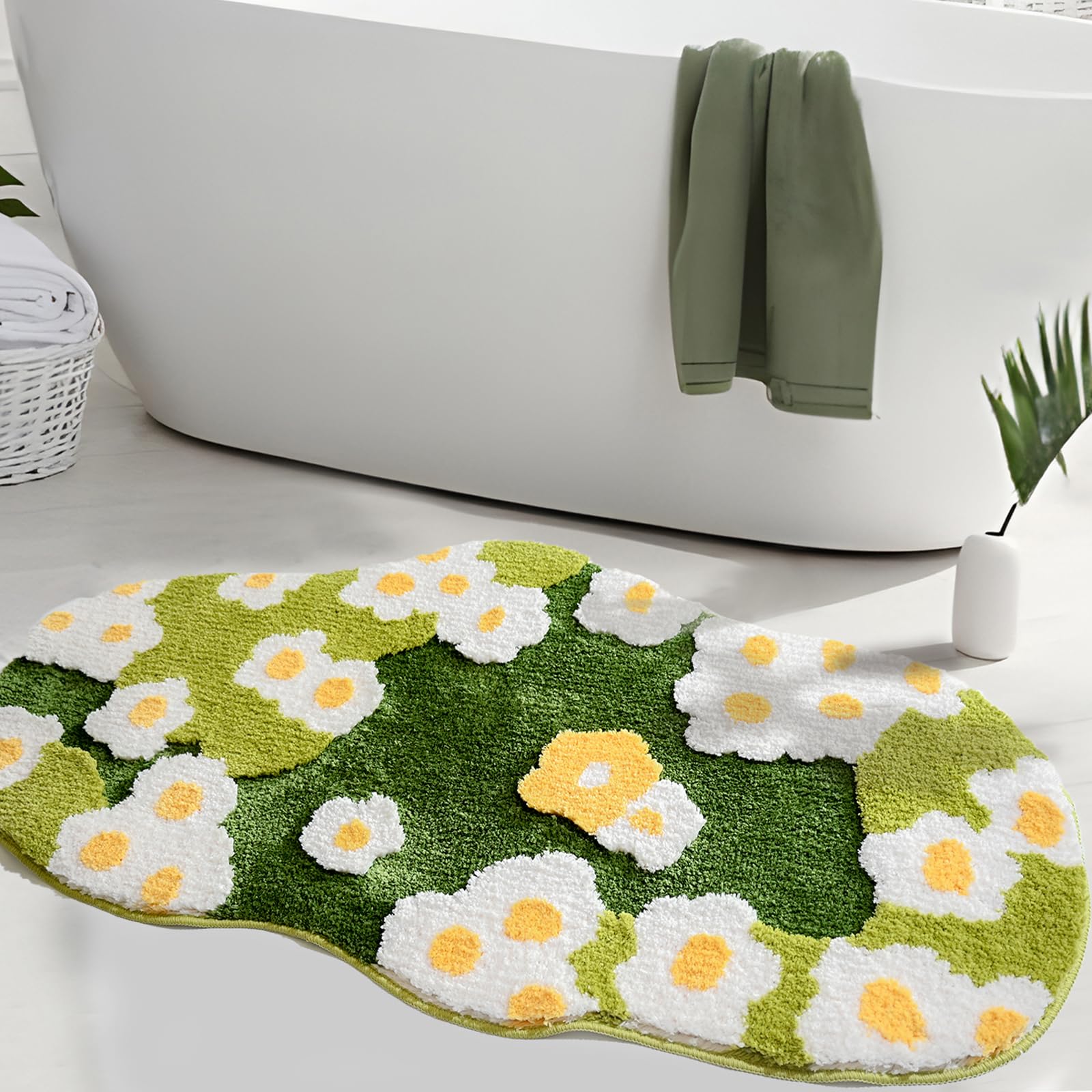 Yhoelata Floral Rug Long Bathroom Rugs Runner, Cute Plant Forest Flowers Bath Mat, Green Aesthetic Plush Decor Area Rug, Soft Absorbent Non Slip