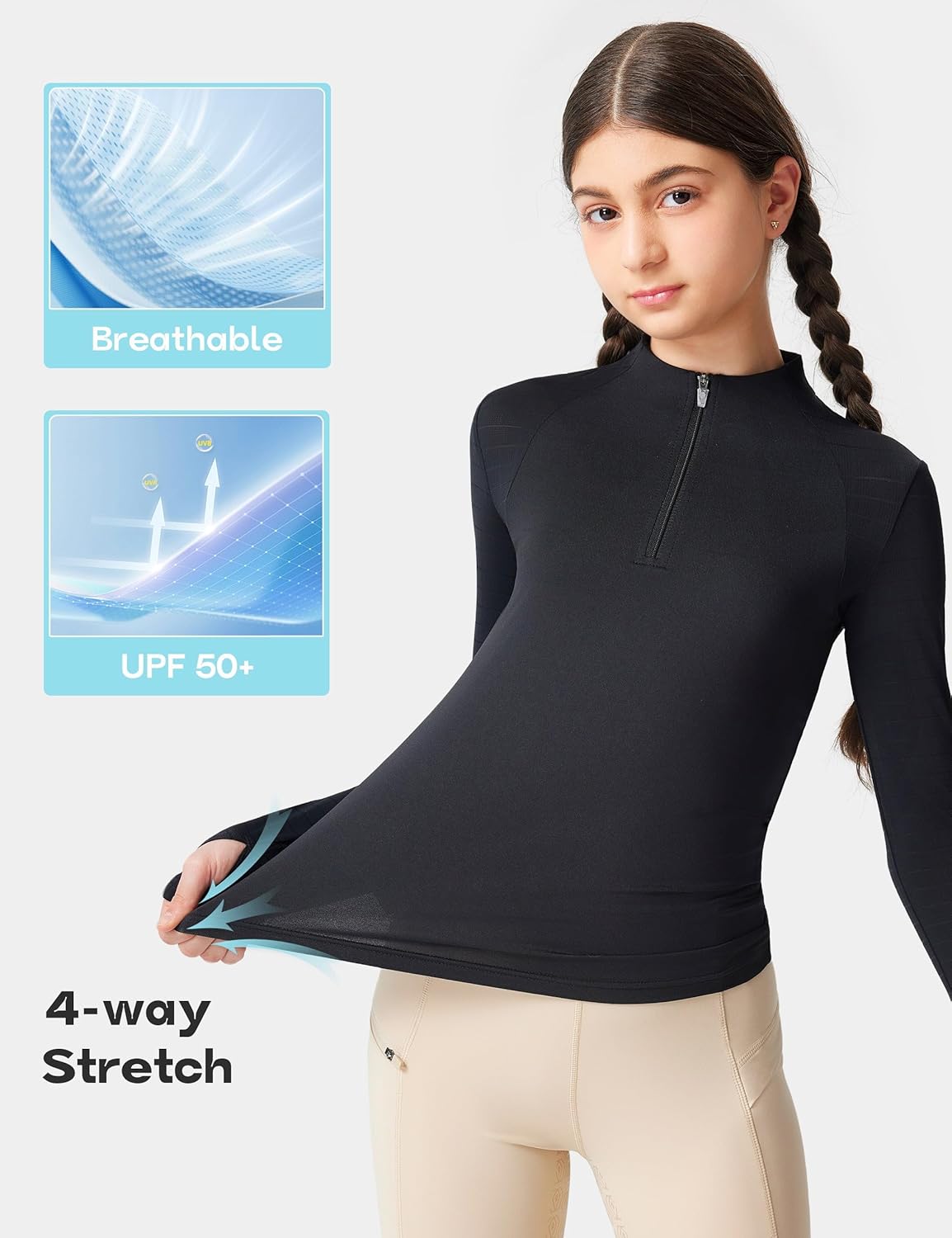 FitsT4 Sports Girls Long Sleeve Equestrian Shirt Summer Horse Riding Shirts Half Zip Horseback Show Shirt Athletic Tops - Image 5