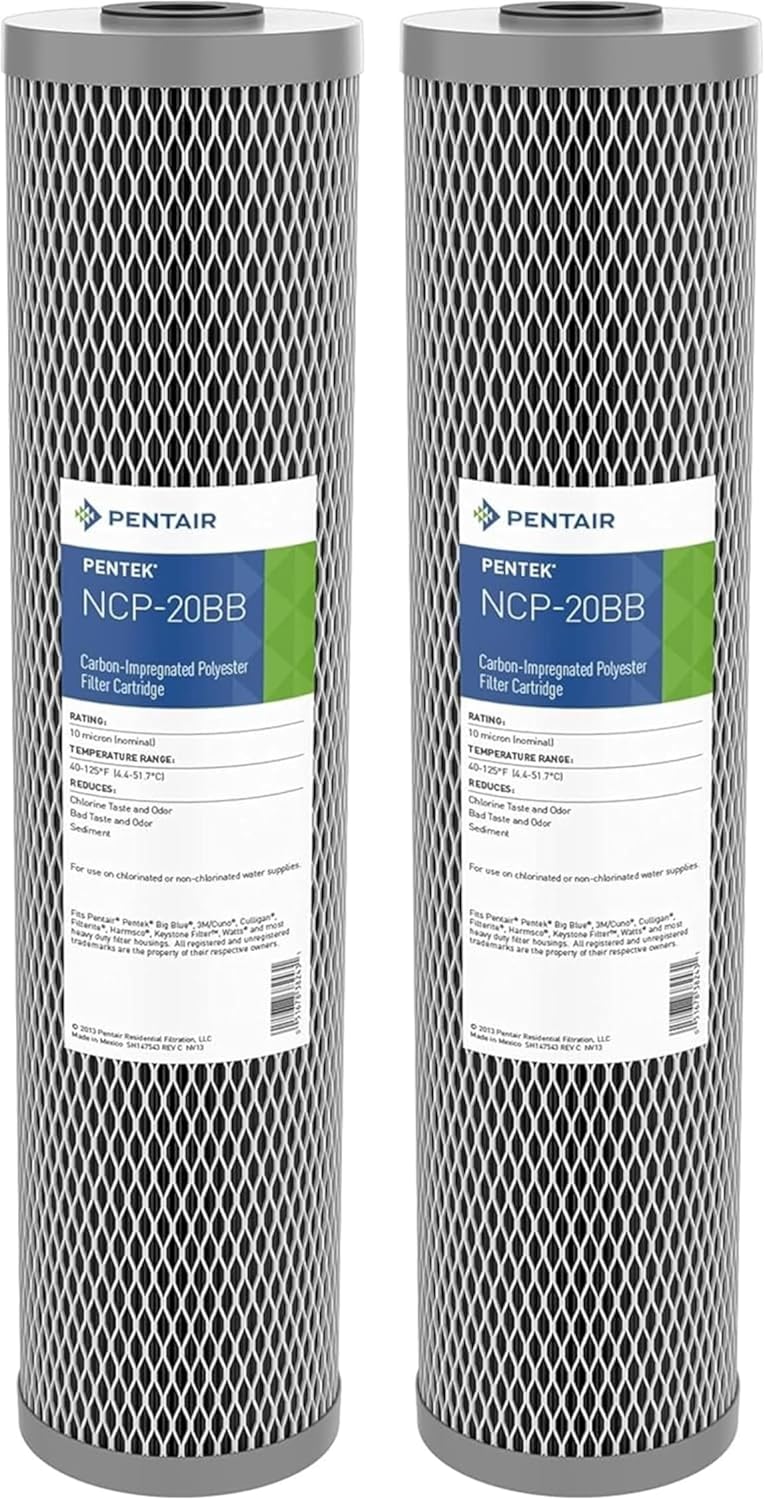 Pentair Pentek NCP-20BB Big Blue Carbon Water Filter, 20-Inch, Whole House Non-Cellulose Carbon Impregnated Pleated Filter Cartridge, 20″ x 4.5″, 10 Micron, Pack of 2