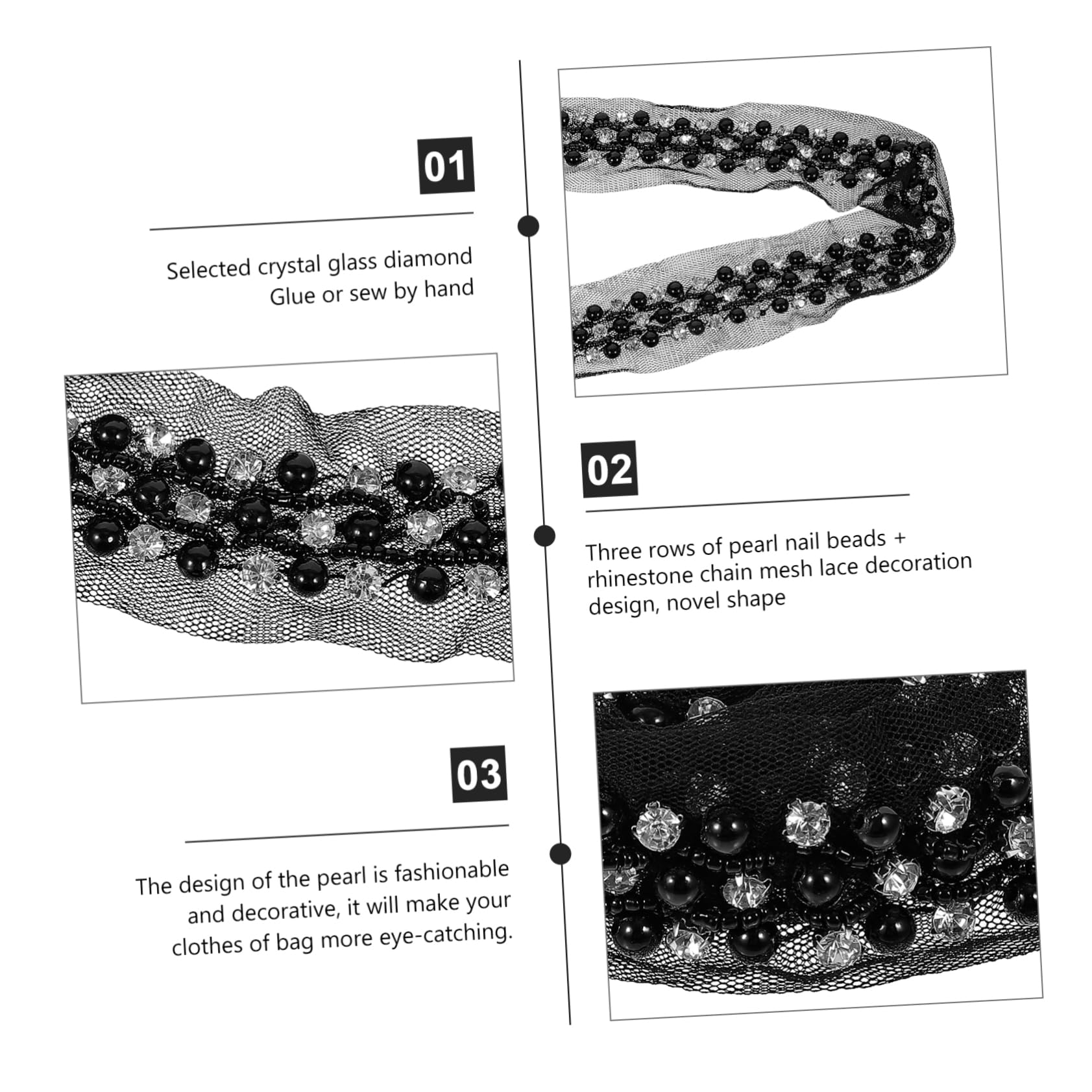SHINEOFI 4piezas Cinta De Encaje Decorativa Perlas y Rhinestones Multi-funcional Para Ropa y Manualidades Para Vestidos Bolsos y Proyectos